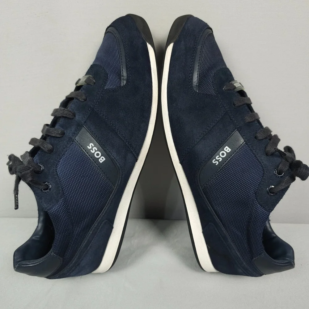 Hugo Boss Glaze Shoes Men Size 43 US 10 Navy Blue Suede Low Lace Up Sneaker